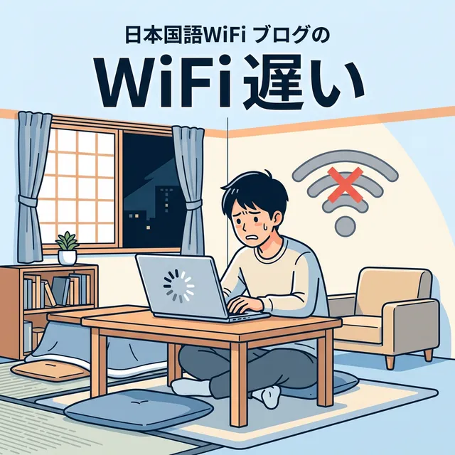アパートでWiFiが遅くストレスを感じる場面のイラスト