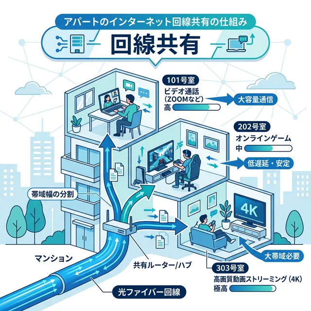 アパートの回線共有による速度低下の仕組みイラスト