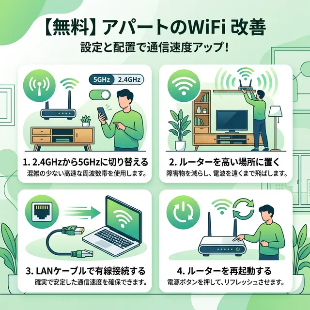 コストゼロでできるWiFi改善テクニックのイラスト