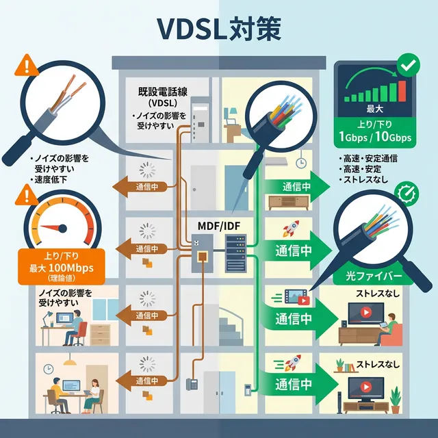 VDSLと光配線方式の違いを解説するイラスト