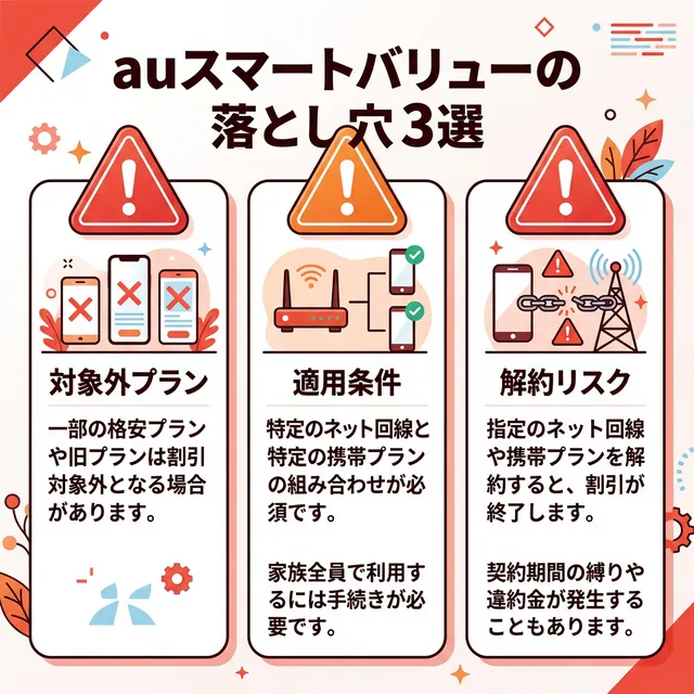 auスマートバリューの3つの落とし穴を警告するイラスト