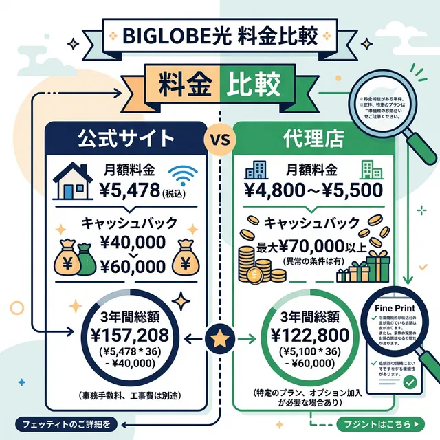 ビッグローブ光の公式vs代理店料金比較イラスト