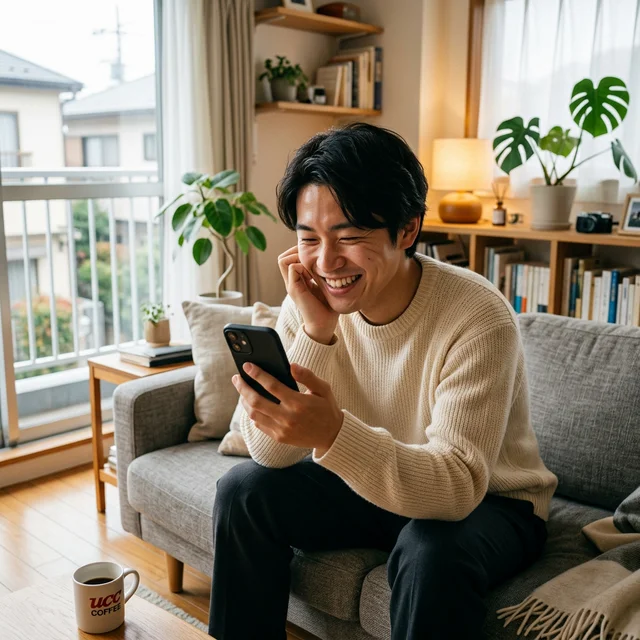 通信費の節約に成功して笑顔の男性