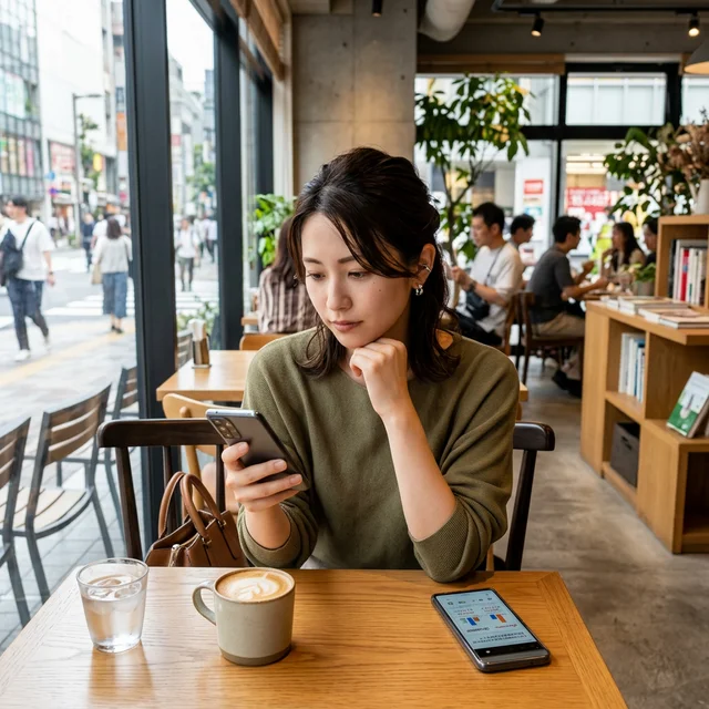 スマホでWi-Fiサービスを調べる女性