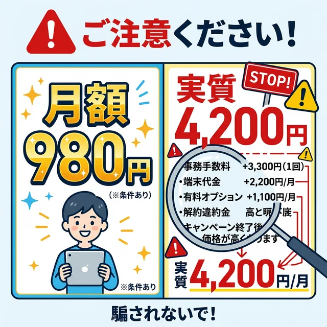 広告の月額980円と実質費用4,200円の比較イラスト