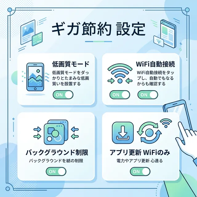 ギガ節約のスマホ設定ガイドイラスト