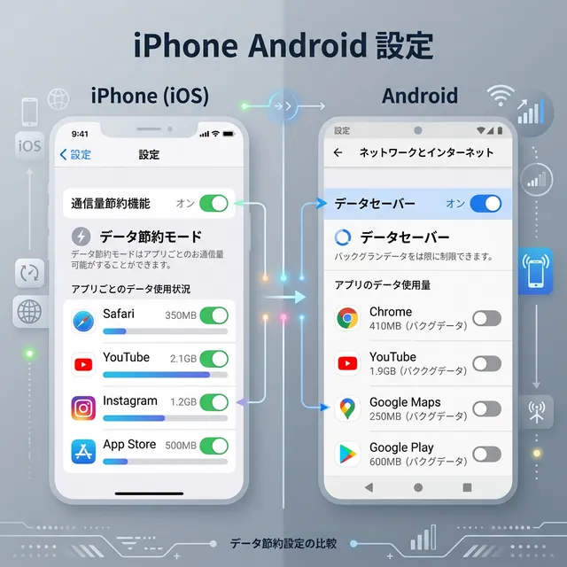iPhone・Androidのデータ節約設定比較イラスト