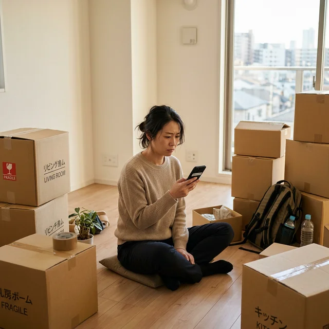 離婚後の新居で引越し荷物に囲まれスマホを見る女性