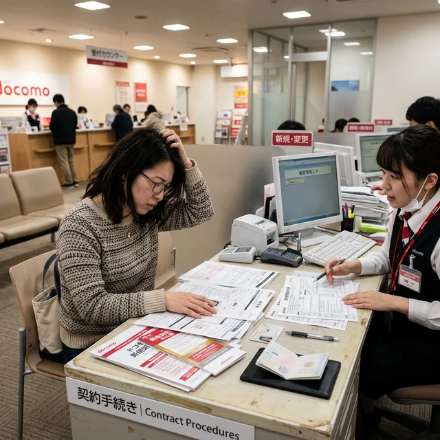 通信事業者の窓口で書類に困惑する女性
