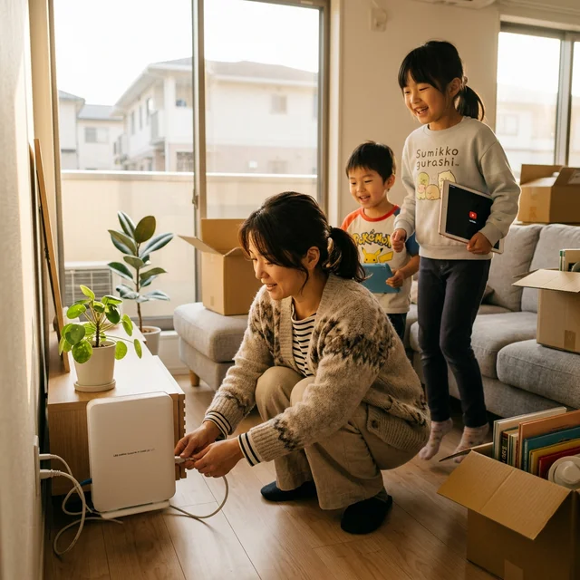 ホームルーターを設置し子供たちとタブレットを使うシングルマザー