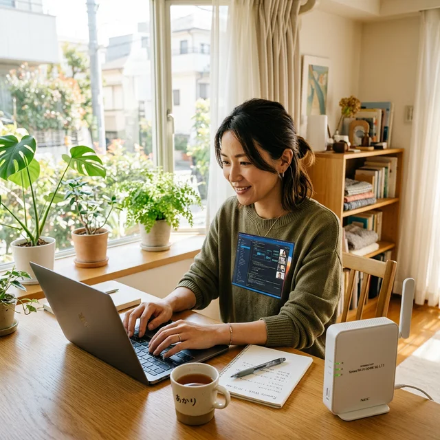 新居でノートパソコンのリモートワークをする日本人女性