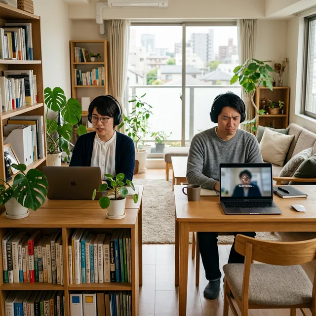 共働き夫婦が自宅で同時にオンライン会議をしている様子