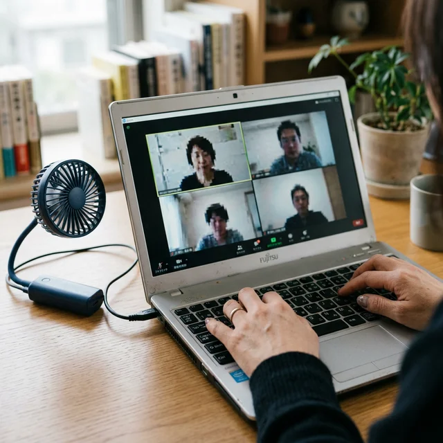 ノートPCが過熱してビデオ会議が固まっている様子