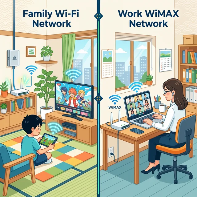 自宅の光回線とWiMAXを分離して会議専用回線を構築するイメージ