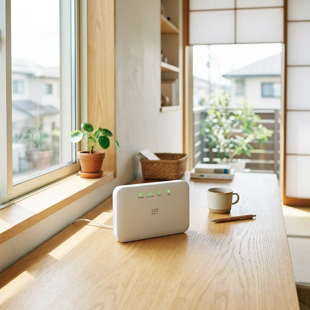 WiMAXホームルーターを窓際のデスクに設置している様子