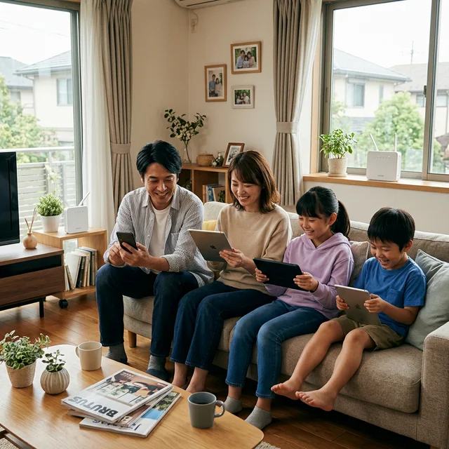 日本人家族がリビングでWi-Fiを利用している様子