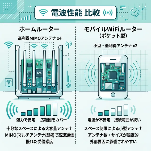ホームルーターのアンテナ性能比較の技術解説イラスト