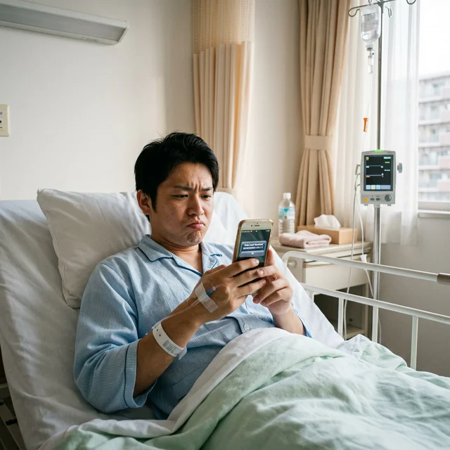 入院中のWi-Fi環境に悩む患者のイメージ