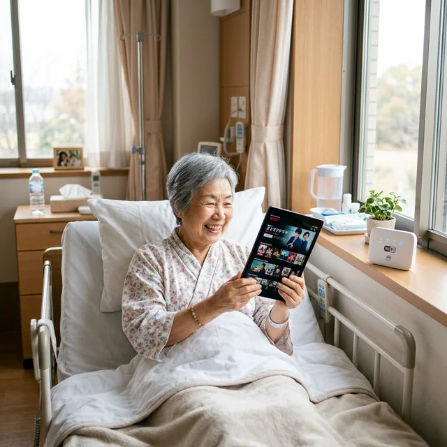 入院中にタブレットで動画を楽しむ患者