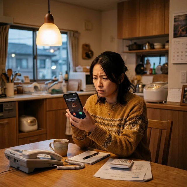 悪質なネット回線勧誘の電話に困惑する日本人の様子