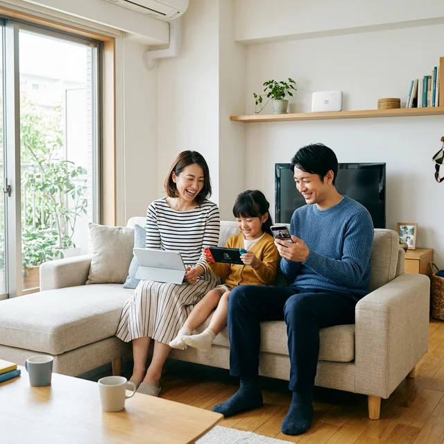 自宅でWiFiを楽しむ日本人家族
