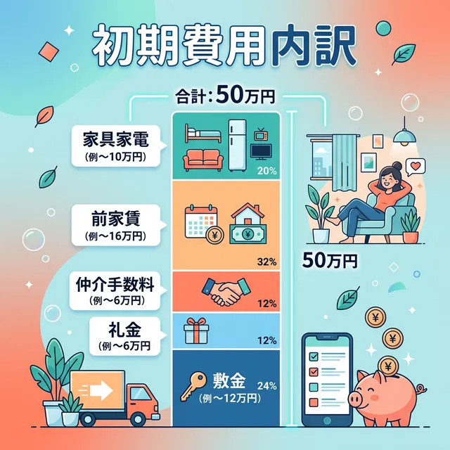 一人暮らしの初期費用内訳を示すグラフイラスト