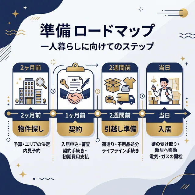 一人暮らし準備のタイムラインロードマップイラスト