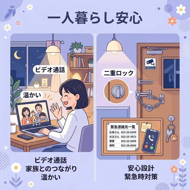 一人暮らしの孤独対策と安全対策のイラスト