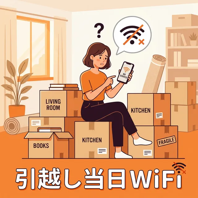 引越し当日のWiFi確保に悩む場面のイラスト