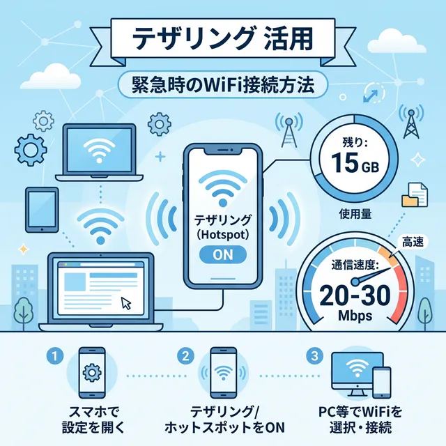 テザリングで緊急WiFiを確保する方法イラスト