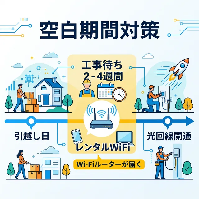 光回線開通までの空白期間対策タイムラインイラスト