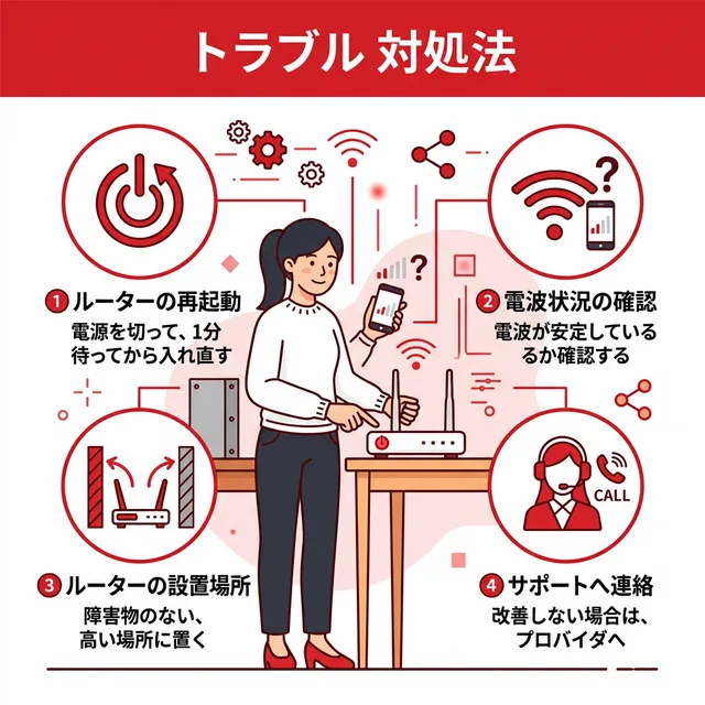 WiFiトラブルシューティング手順のイラスト
