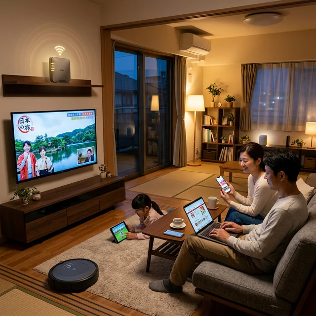 リビングで多数のスマホ・PC・タブレットがWi-Fiに同時接続されている様子