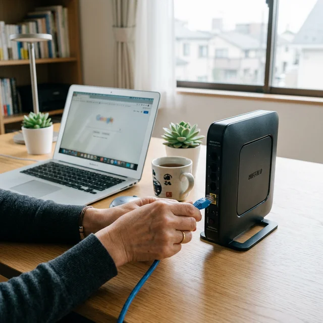 WiMAXルーターのクレードルにLANケーブルを接続する手元の写真