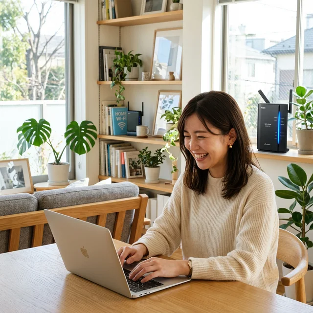 最新5Gルーターのある快適なリビングでPCを使う笑顔の人