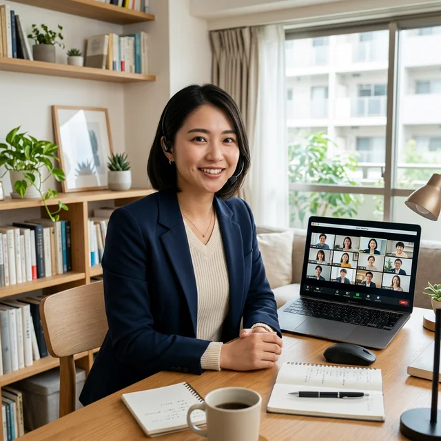 自宅からZoom会議に参加する新入社員