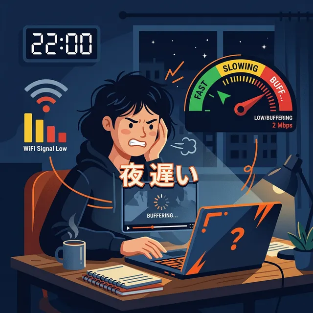夜にネットが遅くなりストレスを感じる場面のイラスト