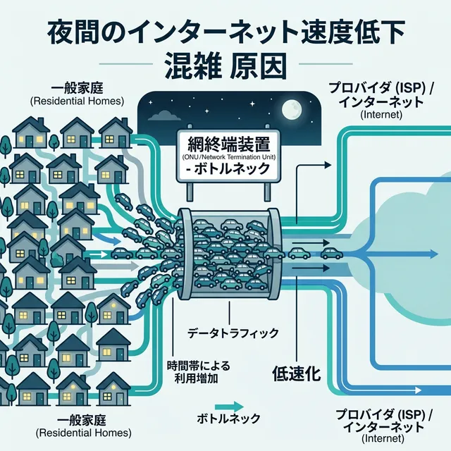 夜間にネットが混雑する原因を解説する図解イラスト