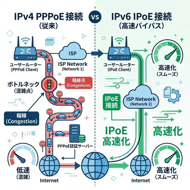 IPv6 IPoEへの切り替えによる高速化の仕組みイラスト