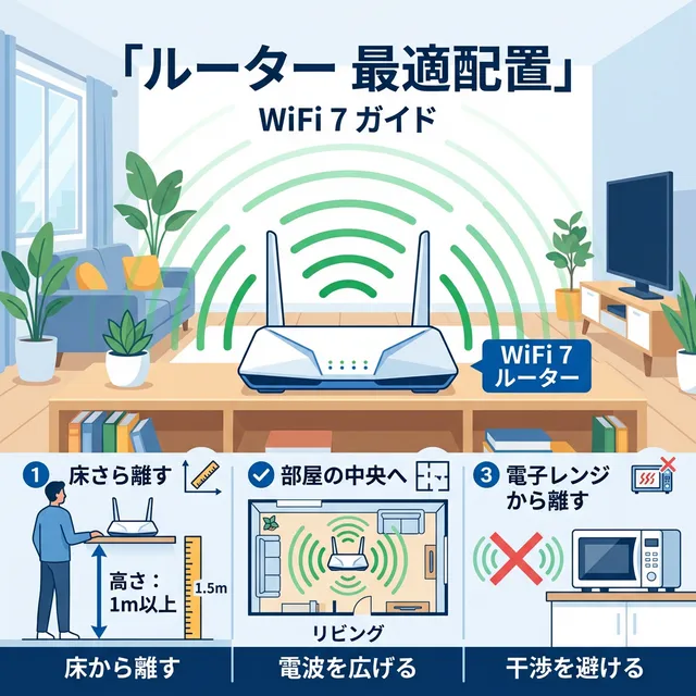 WiFiルーターの最適配置ガイドイラスト