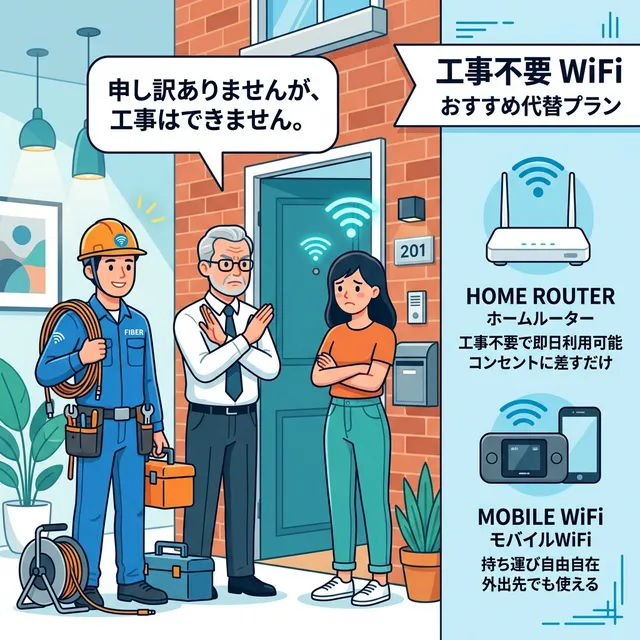 工事不要WiFiの選択肢を検討する場面のイラスト