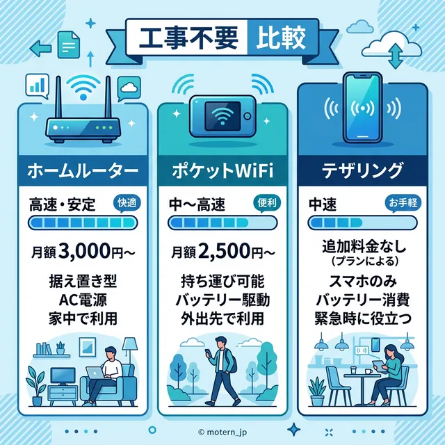 工事不要WiFi3種類の比較イラスト
