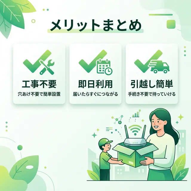 工事不要WiFiのメリットまとめイラスト