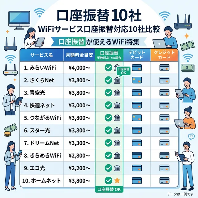 口座振替対応WiFi10社比較のイラスト