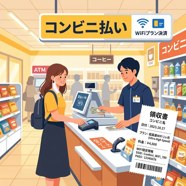 コンビニ払いでWiFi料金を支払うイラスト