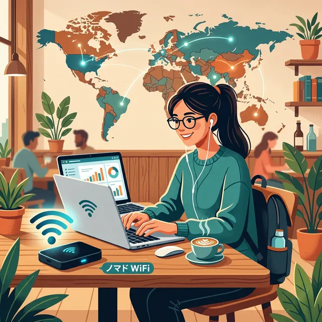 カフェで仕事するノマドワーカーのイラスト