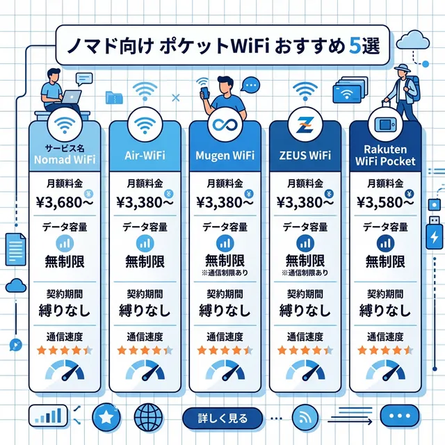 ノマド向けWiFi5選の比較イラスト