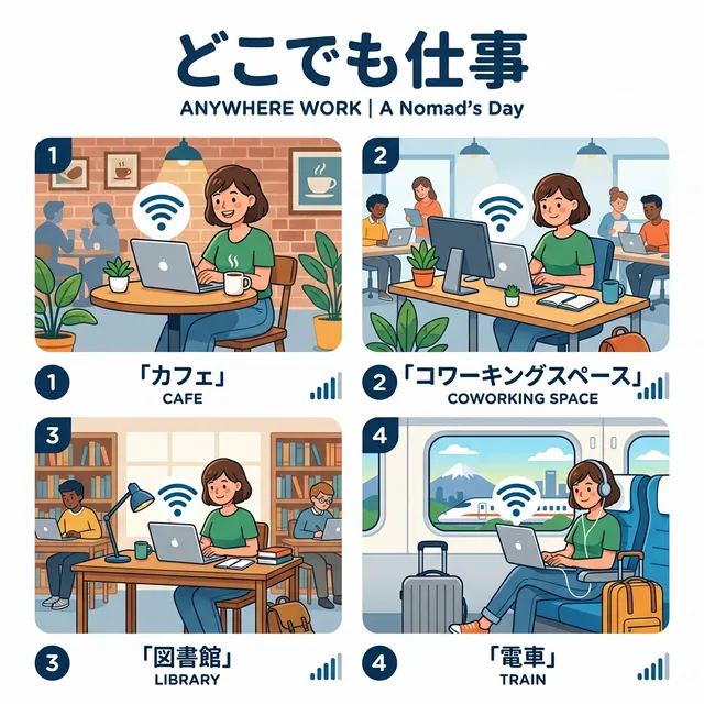 様々な場所で仕事するノマドワーカーのイラスト