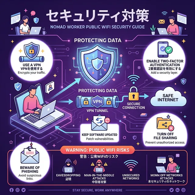 ノマドワーカー向けセキュリティ対策イラスト