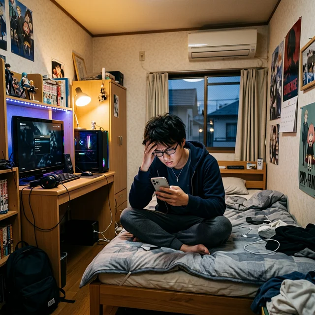 2階の自室でWi-Fiの遅さにイライラする様子